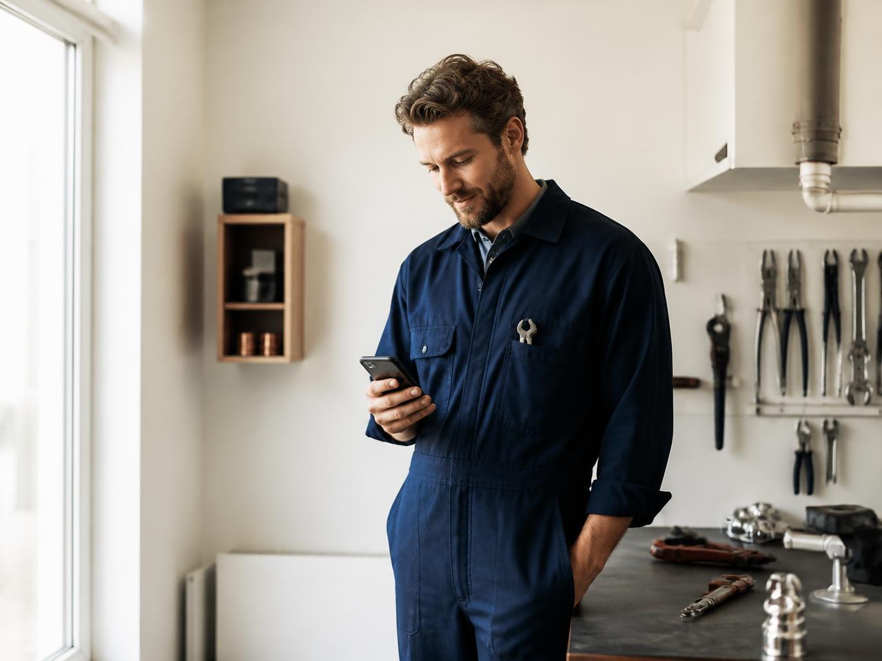 Hantverkare i ljus verkstad tittar på sin telefon