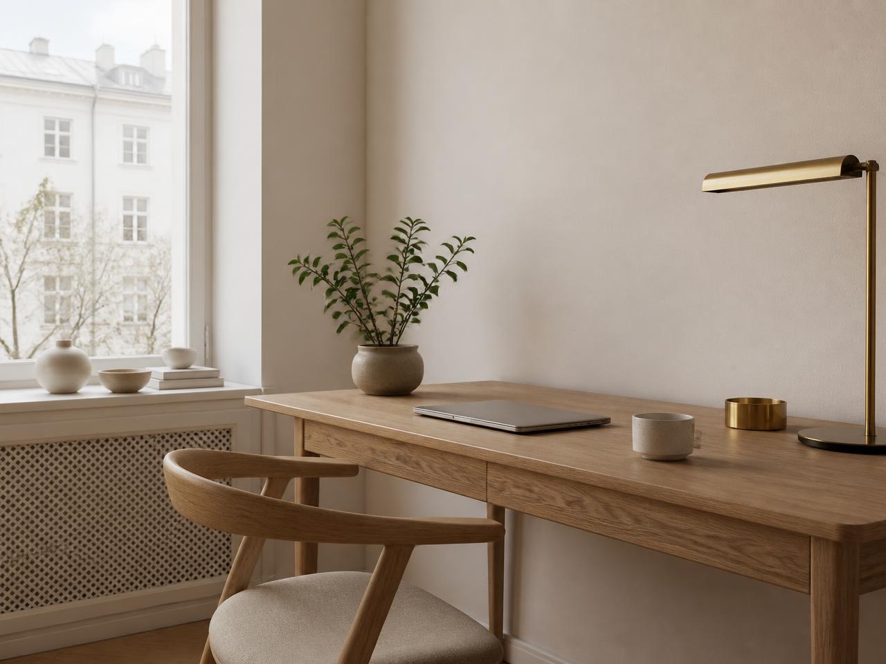 Lugn skandinavisk arbetsplats med ekbord och dagsljus