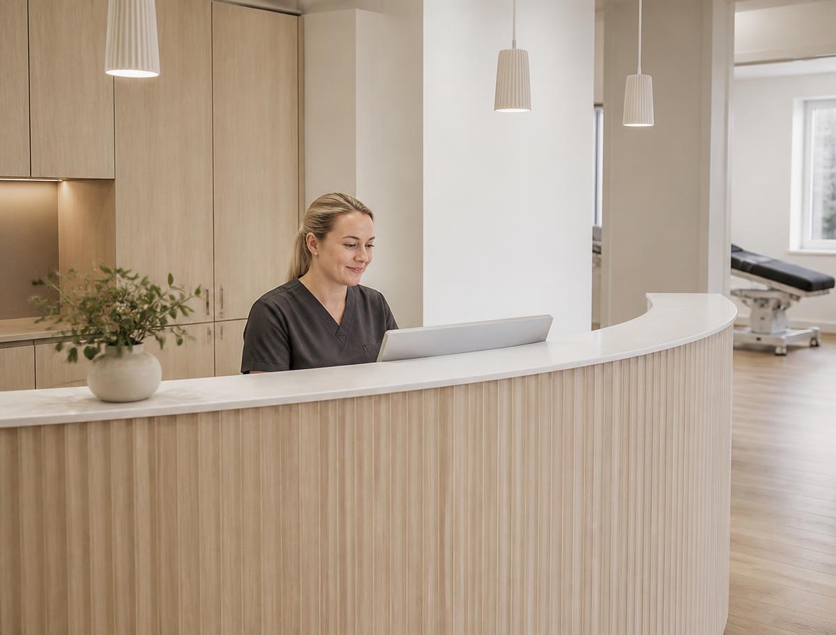 Reception på en modern skandinavisk klinik med ljust trä och naturligt ljus